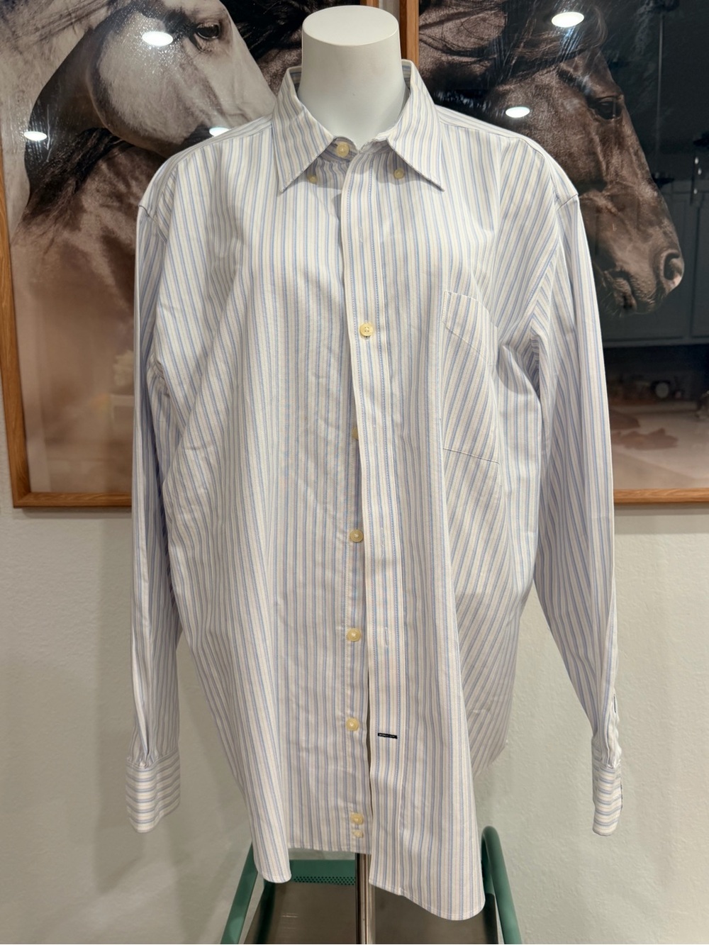 Stafford Men's Striped Dress Shirt in White with Blue and Tan Stripes